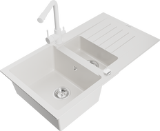 Mexen Matias fregadero de granito de 1,5 senos con escurridor y grifo de cocina Duero, blanco - 6502-20-671600-20