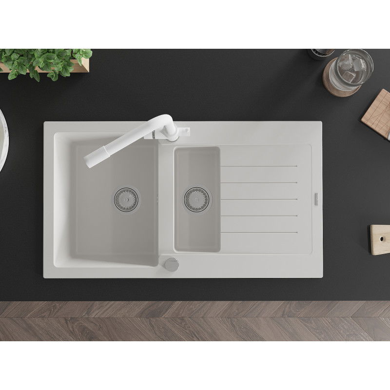 Mexen Matias 1.5-bowl granite kitchen sink with drainer and Duero tap, white - 6502-20-671600-20