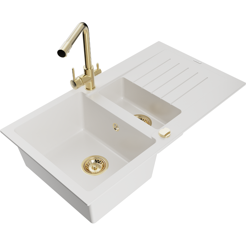 Mexen Matias fregadero de granito 1,5 cubetas con escurridor y grifo de cocina Duero, blanco - 6502-20-671600-50