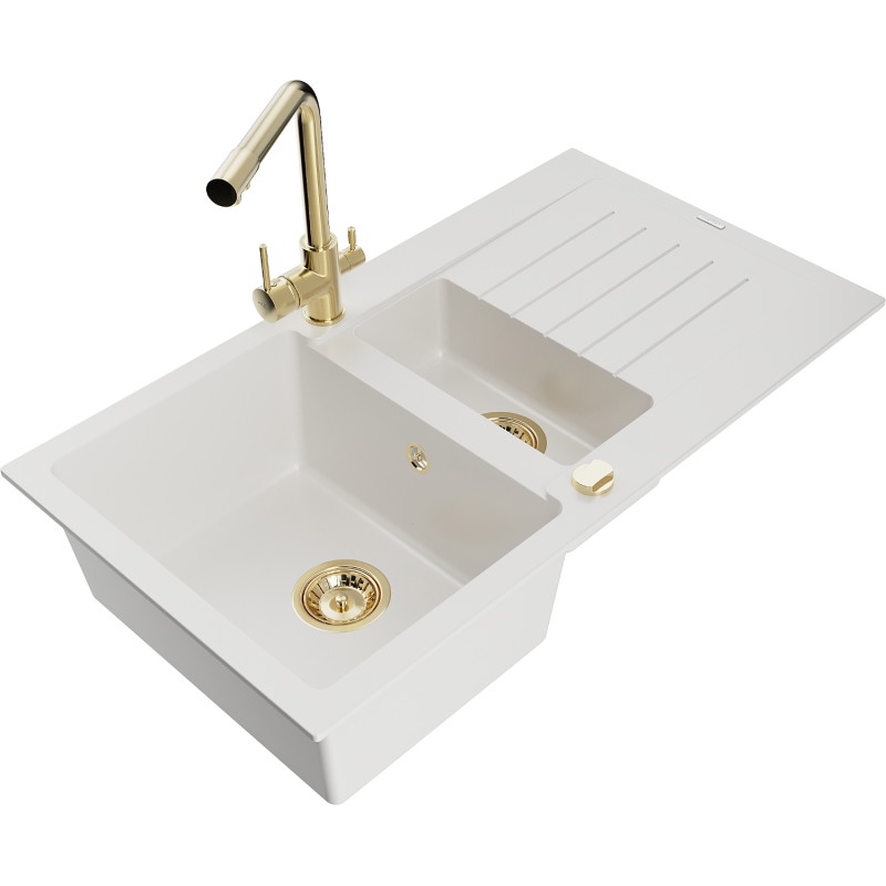 Mexen Matias granit gootsteen 1,5-kamers met afdruiprek en keukenkraan Duero, wit - 6502-20-671600-50
