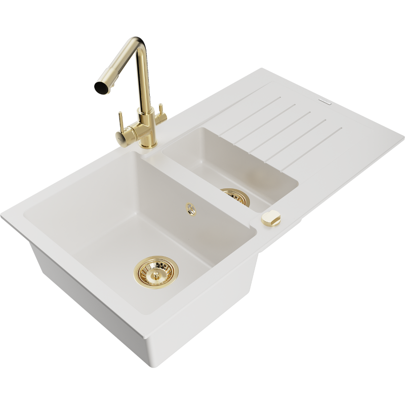 Mexen Matias granite sink 1.5-bowl with drainer and Duero kitchen tap, white - 6502-20-671600-50