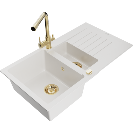 Mexen Matias granite sink 1.5-bowl with drainer and Duero kitchen tap, white - 6502-20-671600-50