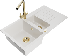 Mexen Matias fregadero de granito 1,5 cubetas con escurridor y grifo de cocina Duero, blanco - 6502-20-671600-50
