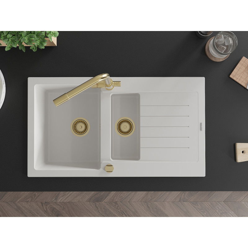 Mexen Matias granīta izlietne ar 1,5 nodalījumiem un notecnieku, ar virtuves jaucējkrānu Duero, balta - 6502-20-671600-50