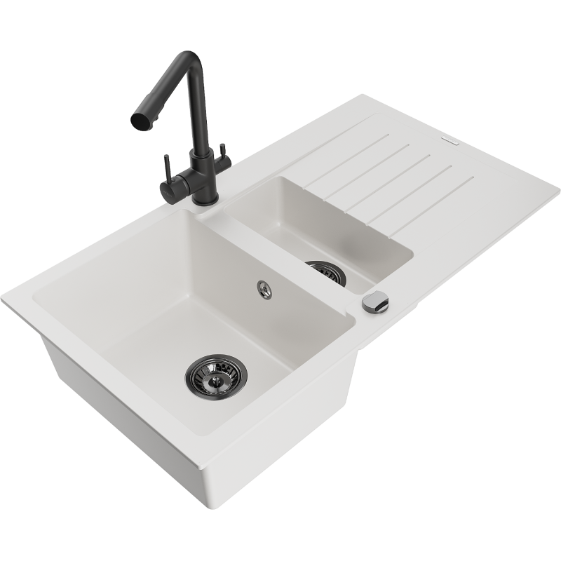 Mexen Matias granite sink 1.5-basin with drainer and Duero kitchen tap, white - 6502-20-671600-70