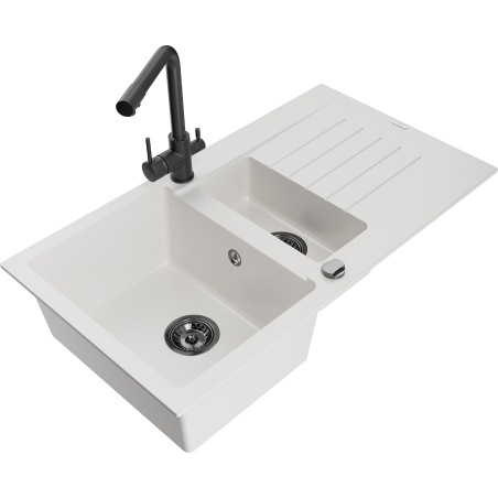 Mexen Matias fregadero de granito de 1,5 senos con escurridor y grifo de cocina Duero, blanco - 6502-20-671600-70