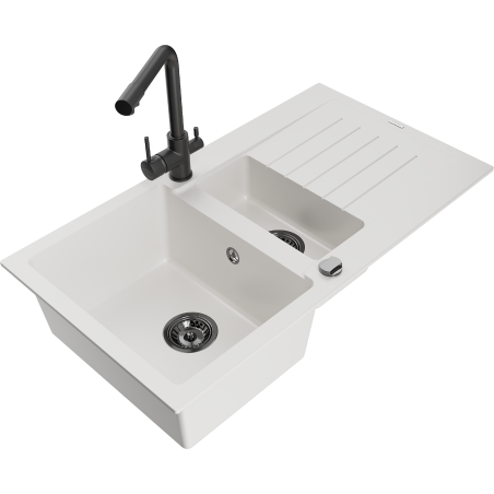 Mexen Matias granite sink 1.5-basin with drainer and Duero kitchen tap, white - 6502-20-671600-70