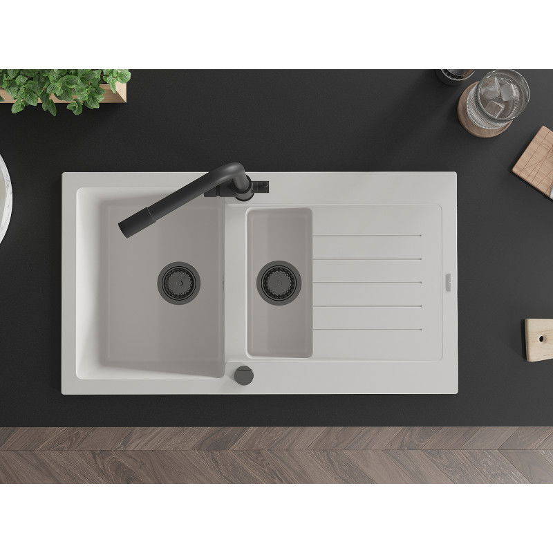 Mexen Matias Granitspüle 1,5-Becken mit Abtropffläche und Küchenarmatur Duero, weiß - 6502-20-671600-70