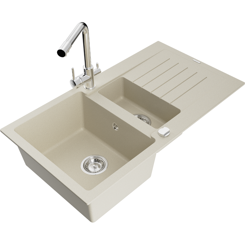 Mexen Matias 1.5-bowl granite sink with drainer and Duero kitchen tap, beige - 6502-69-671600-00