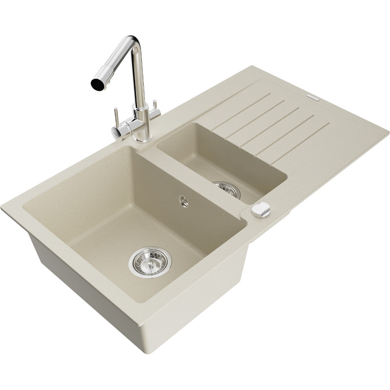 Mexen Matias fregadero de granito de 1,5 senos con escurridor y grifo de cocina Duero, beige - 6502-69-671600-00
