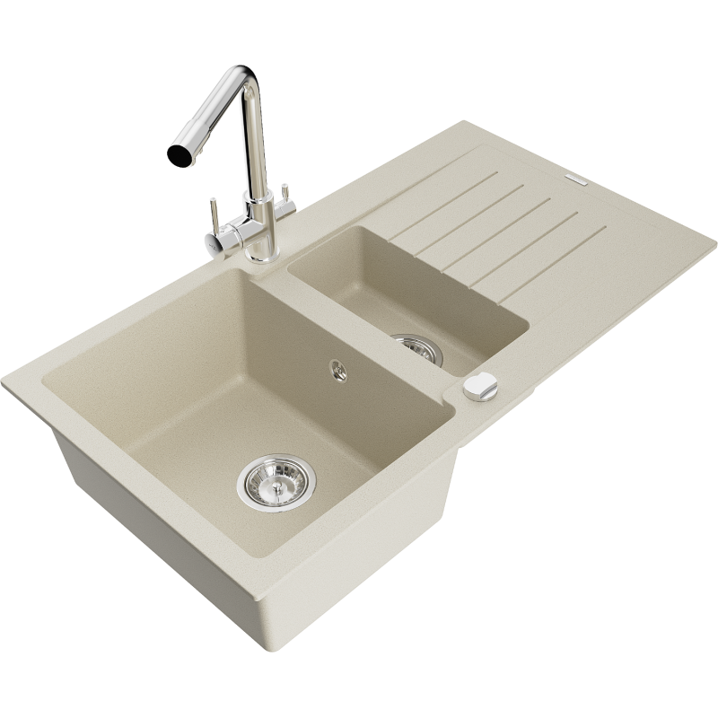 Mexen Matias Granitspüle 1,5-Kammer mit Abtropffläche und Küchenarmatur Duero, beige - 6502-69-671600-00