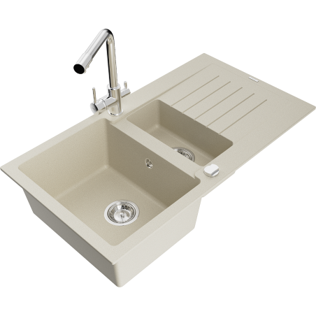 Mexen Matias fregadero de granito 1,5 senos con escurridor y grifo de cocina Duero, beige - 6502-69-671600-00