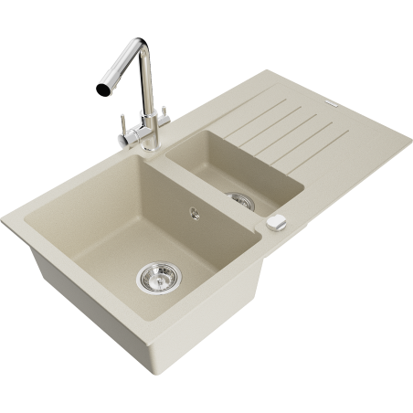 Mexen Matias Granitspüle 1,5-Kammer mit Abtropffläche und Küchenarmatur Duero, beige - 6502-69-671600-00