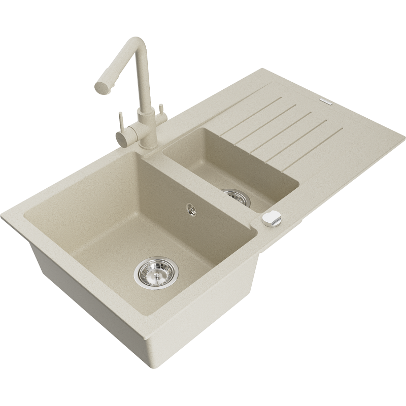 Mexen Matias fregadero de granito de 1,5 tazones con escurridor y grifo de cocina Duero, beige - 6502-69-671600-69