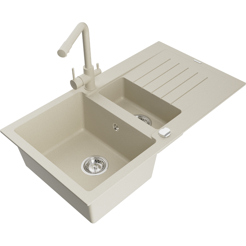 Mexen Matias granite sink 1.5-bowl with drainer and Duero kitchen tap, beige - 6502-69-671600-69