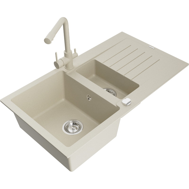 Mexen Matias granitische spoelbak 1,5-kamer met afdruiprek en keukenmengkraan Duero, beige - 6502-69-671600-69