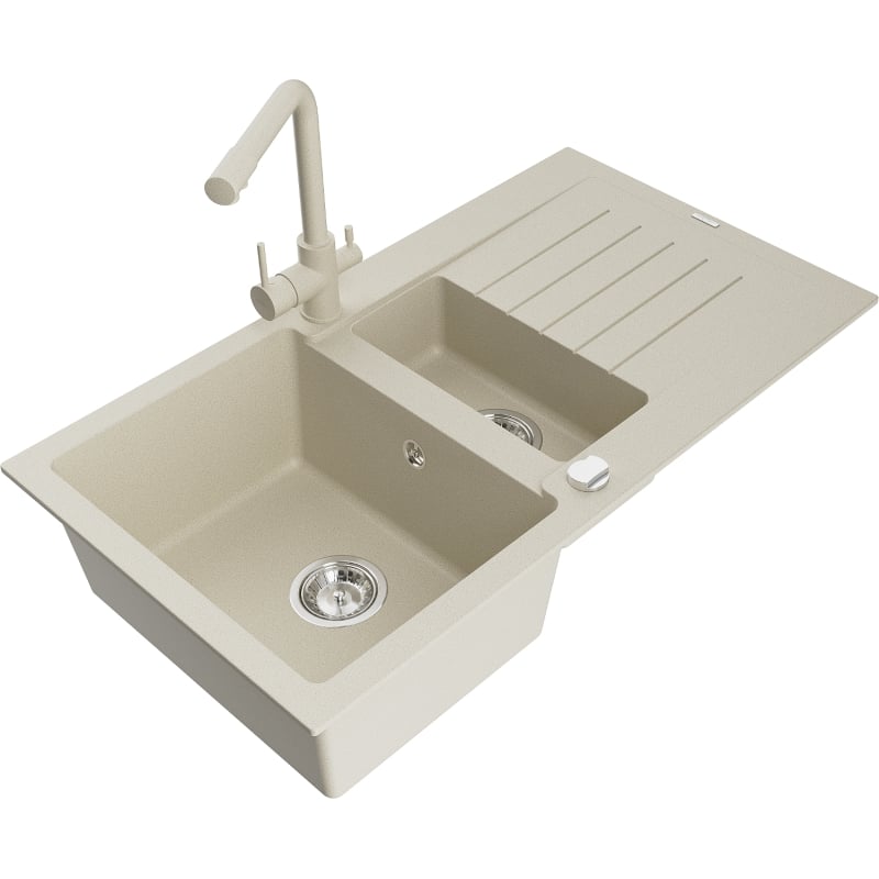 Mexen Matias lavello in granito 1,5 vasca con scolapiatti e rubinetto da cucina Duero, beige - 6502-69-671600-69