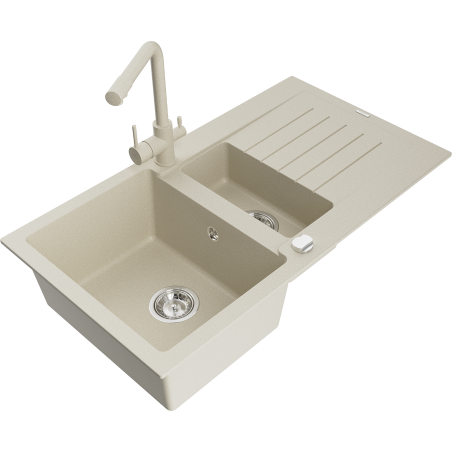 Mexen Matias Granitspüle 1,5-becken mit Abtropffläche und Küchenarmatur Duero, beige - 6502-69-671600-69