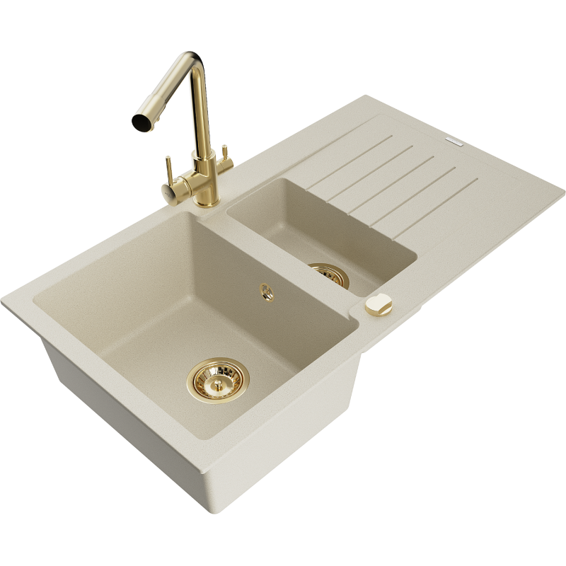 Mexen Matias lava-loiça de granito de 1,5 bacias com escorredor e torneira de cozinha Duero, bege - 6502-69-671600-50