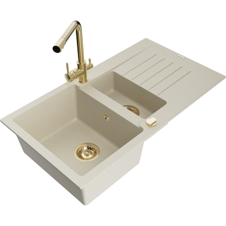 Mexen Matias fregadero de granito 1,5 cuencas con escurridor y grifo de cocina Duero, beige - 6502-69-671600-50