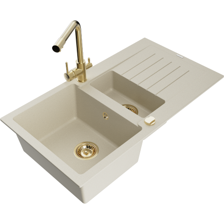 Mexen Matias lavello in granito da 1,5 vasche con scolapiatti e rubinetto da cucina Duero, beige - 6502-69-671600-50