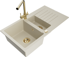 Mexen Matias granieten spoelbak 1,5-kamer met afdruiprek en keukenmengkraan Duero, beige - 6502-69-671600-50