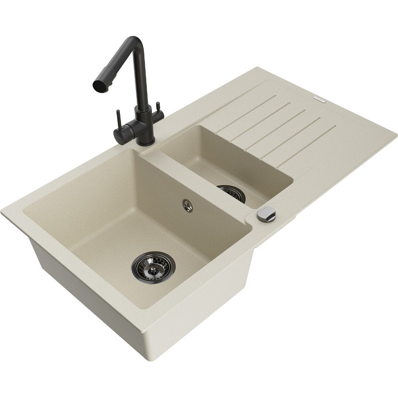 Mexen Matias granitische spoelbak 1,5-baks met afdruipgedeelte en keukenmengkraan Duero, beige - 6502-69-671600-70