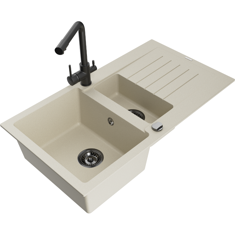 Mexen Matias lavello in granito 1,5 vasche con sgocciolatoio e rubinetto da cucina Duero, beige - 6502-69-671600-70