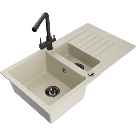 Mexen Matias fregadero de granito de 1,5 senos con escurridor y grifo de cocina Duero, beige - 6502-69-671600-70