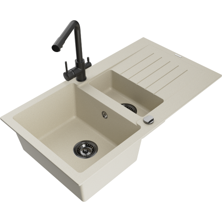 Mexen Matias granitā izlietne ar 1,5 kamerām un noteces dēli un virtuves krānu Duero, bēšs - 6502-69-671600-70