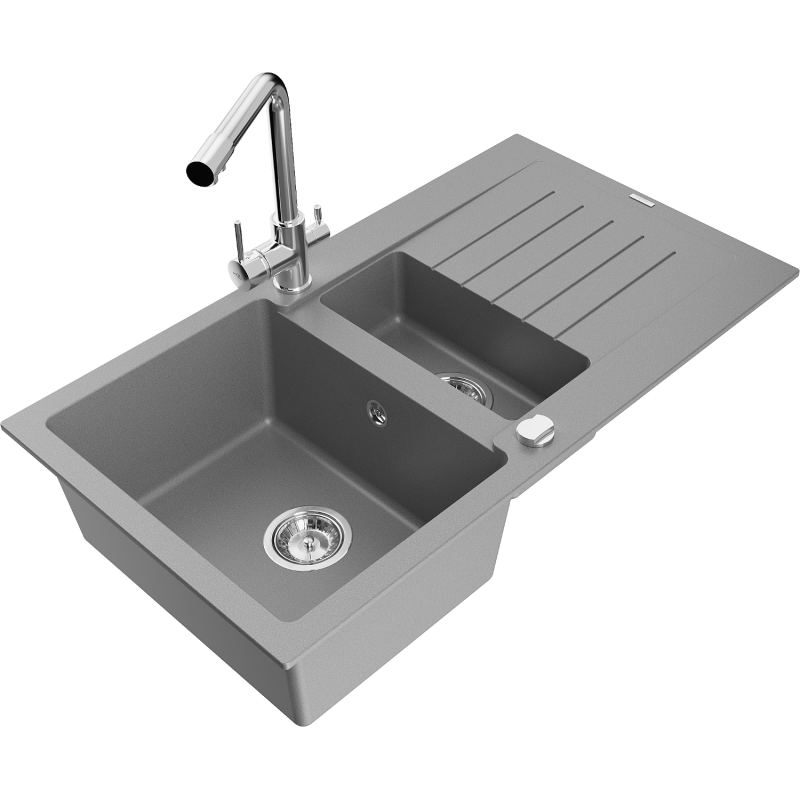 Mexen Matias fregadero de granito de 1,5 senos con escurridor y grifo de cocina Duero, gris - 6502-71-671600-00