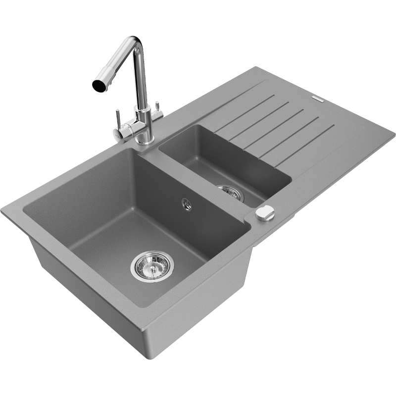 Mexen Matias lava-loiça de granito 1,5-bacia com escorredor e torneira de cozinha Duero, cinzento - 6502-71-671600-00