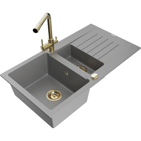 Mexen Matias 1.5-bowl Granite Sink with Drainer and Duero Kitchen Tap, Grey - 6502-71-671600-50