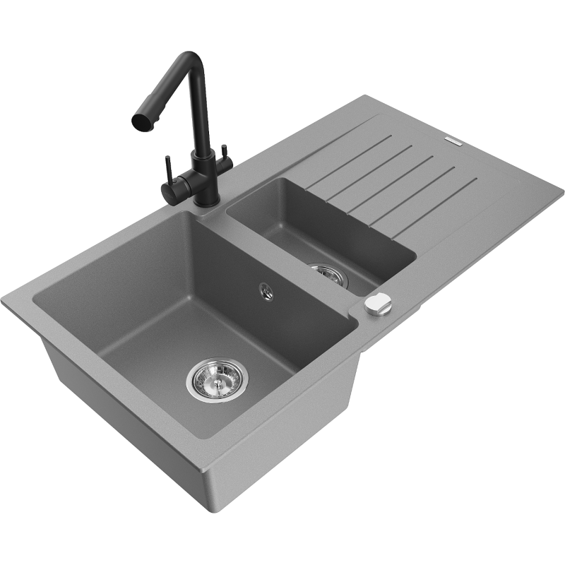 Mexen Matias fregadero de granito de 1,5 senos con escurridor y grifo de cocina Duero, gris - 6502-71-671600-70