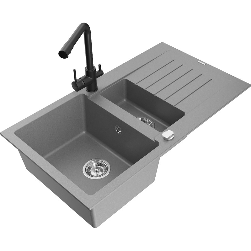 Mexen Matias fregadero de granito de 1,5 tazones con escurridor y grifo de cocina Duero, gris - 6502-71-671600-70