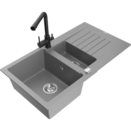 Mexen Matias fregadero de granito de 1,5 tazones con escurridor y grifo de cocina Duero, gris - 6502-71-671600-70