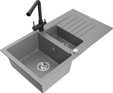 Mexen Matias fregadero de granito de 1,5 senos con escurridor y grifo de cocina Duero, gris - 6502-71-671600-70