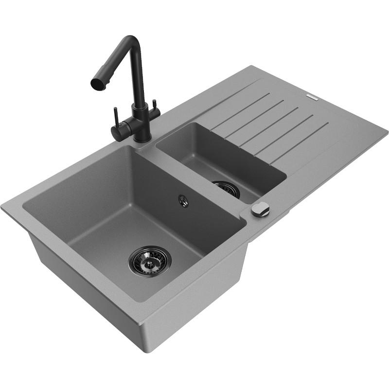 Mexen Matias granitische spoelbak 1,5-combig met afdruiprek en keukenkraan Duero, grijs - 6502-71-671600-70-B