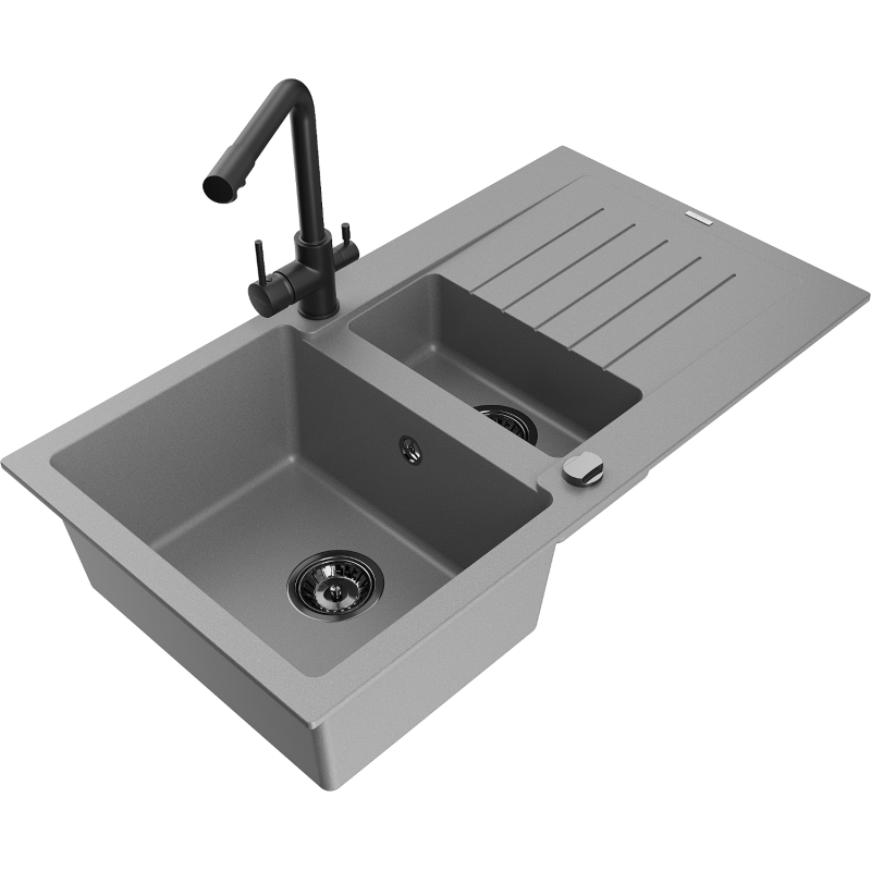 Mexen Matias Granitspüle 1,5-beckig mit Abtropffläche und Küchenarmatur Duero, grau - 6502-71-671600-70-B