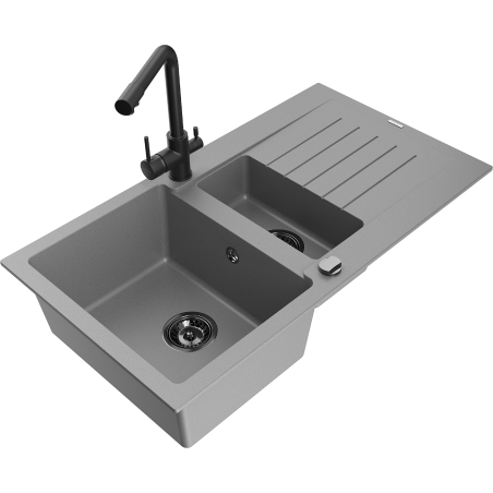Mexen Matias granitische spoelbak 1,5-kamer met afdruiprek en keukenkraan Duero, grijs - 6502-71-671600-70-B