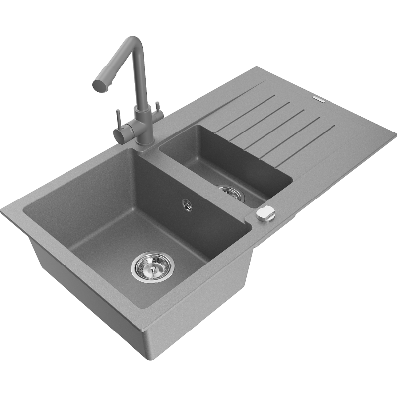 Mexen Matias granieten gootsteen 1,5-komor met afdruiprek en Duero keukenkraan, grijs - 6502-71-671600-71