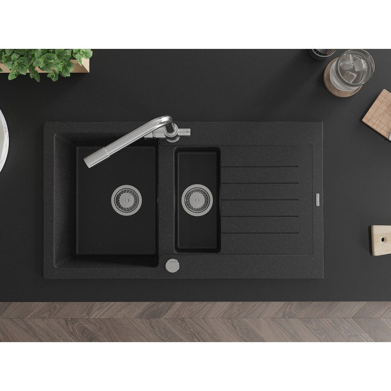 Mexen Matias fregadero de granito 1,5-bowl con escurridor y grifo de cocina Duero, negro/plateado metálico- 6502-73-671600-00