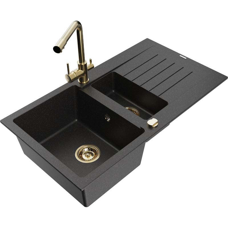 Mexen Matias lava-louça de granito de 1,5 bacias com escorredor e torneira de cozinha Duero, preto/prateado metálico
