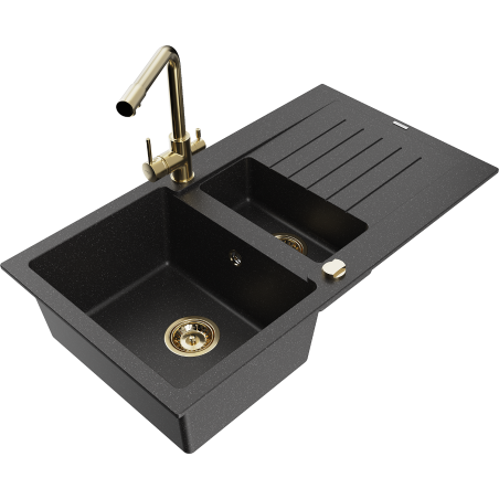 Mexen Matias granieten gootsteen 1,5-komorige met afdruiprek en keukenmengkraan Duero, zwart/zilver metallic - 6502-73-671600-50