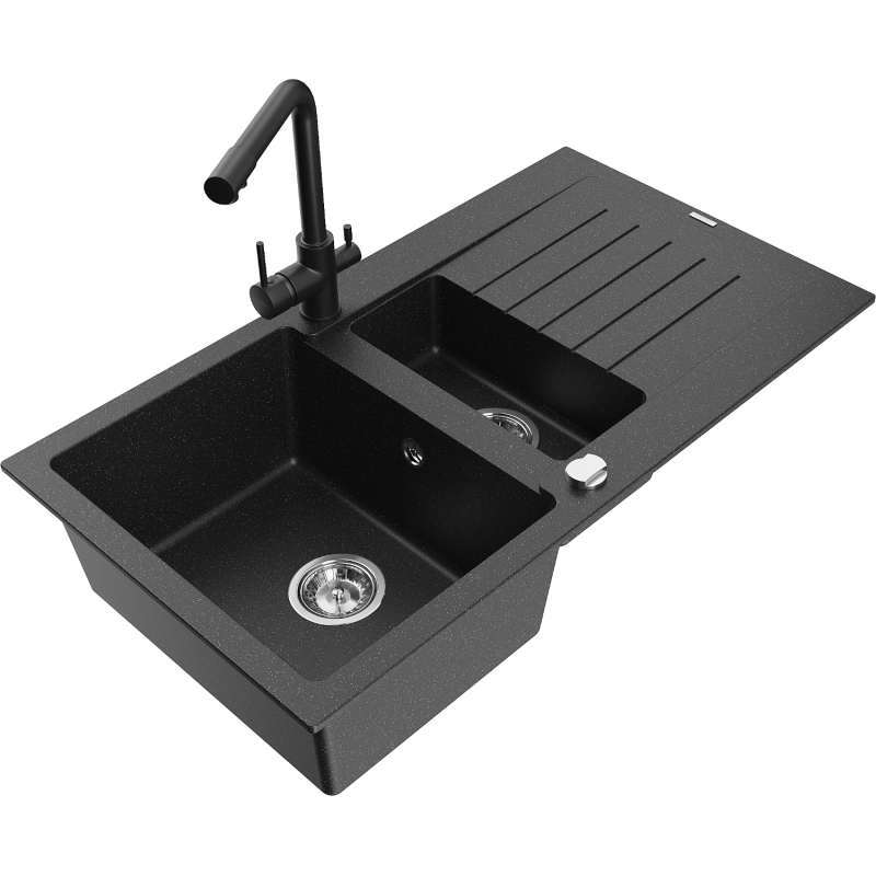 Mexen Matias granitdiskho 1,5-fack med avrinning och köksblandare Duero, svart/silver-metallic - 6502-73-671600-70