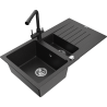 Mexen Matias granitische spoelbak 1,5-kamer met afdruiprek en keukenmengkraan Duero, zwart/zilver metallic - 6502-73-671600-70