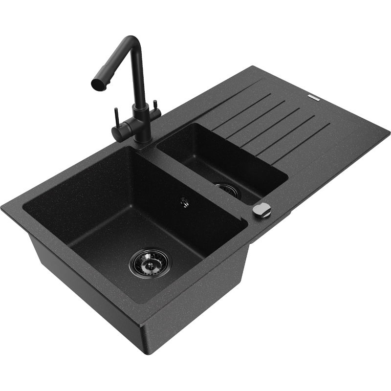 Mexen Matias fregadero de granito de 1,5 cubetas con escurridor y grifo de cocina Duero, negro/plata - 6502-73-671600-70-B