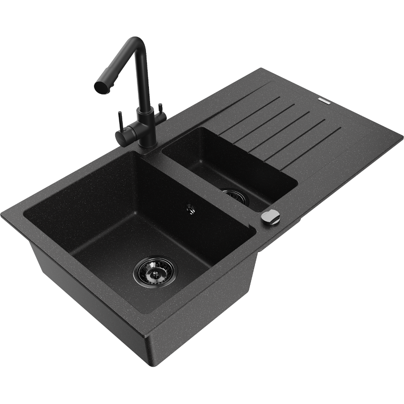 Mexen Matias fregadero de granito de 1,5 senos con escurridor y grifo de cocina Duero, negro/plata - 6502-73-671600-70-B