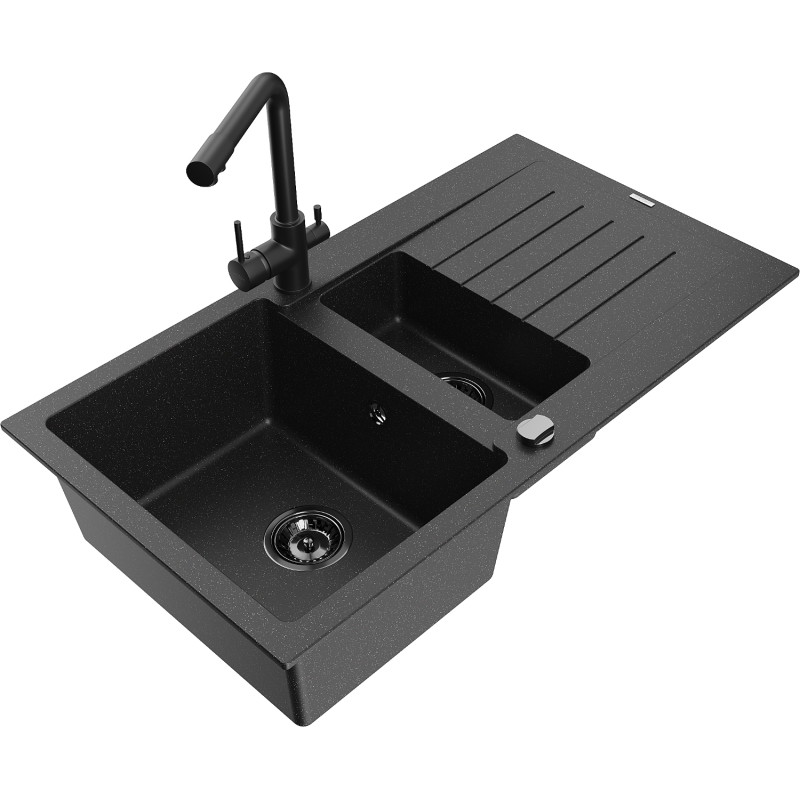 Mexen Matias fregadero de granito de 1,5 tazones con escurridor y grifo de cocina Duero, negro/plateado - 6502-73-671600-70-B