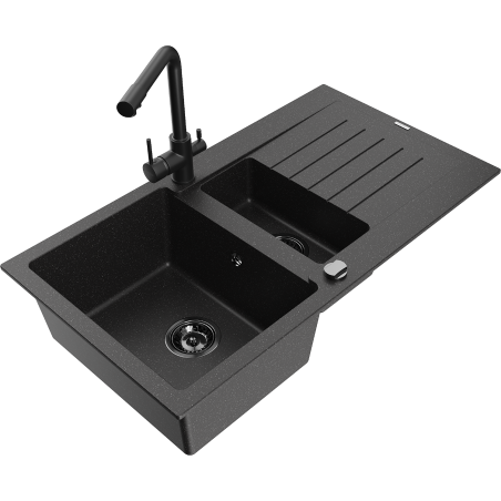 Mexen Matias fregadero de granito de 1,5 senos con escurridor y grifo de cocina Duero, negro/plata - 6502-73-671600-70-B